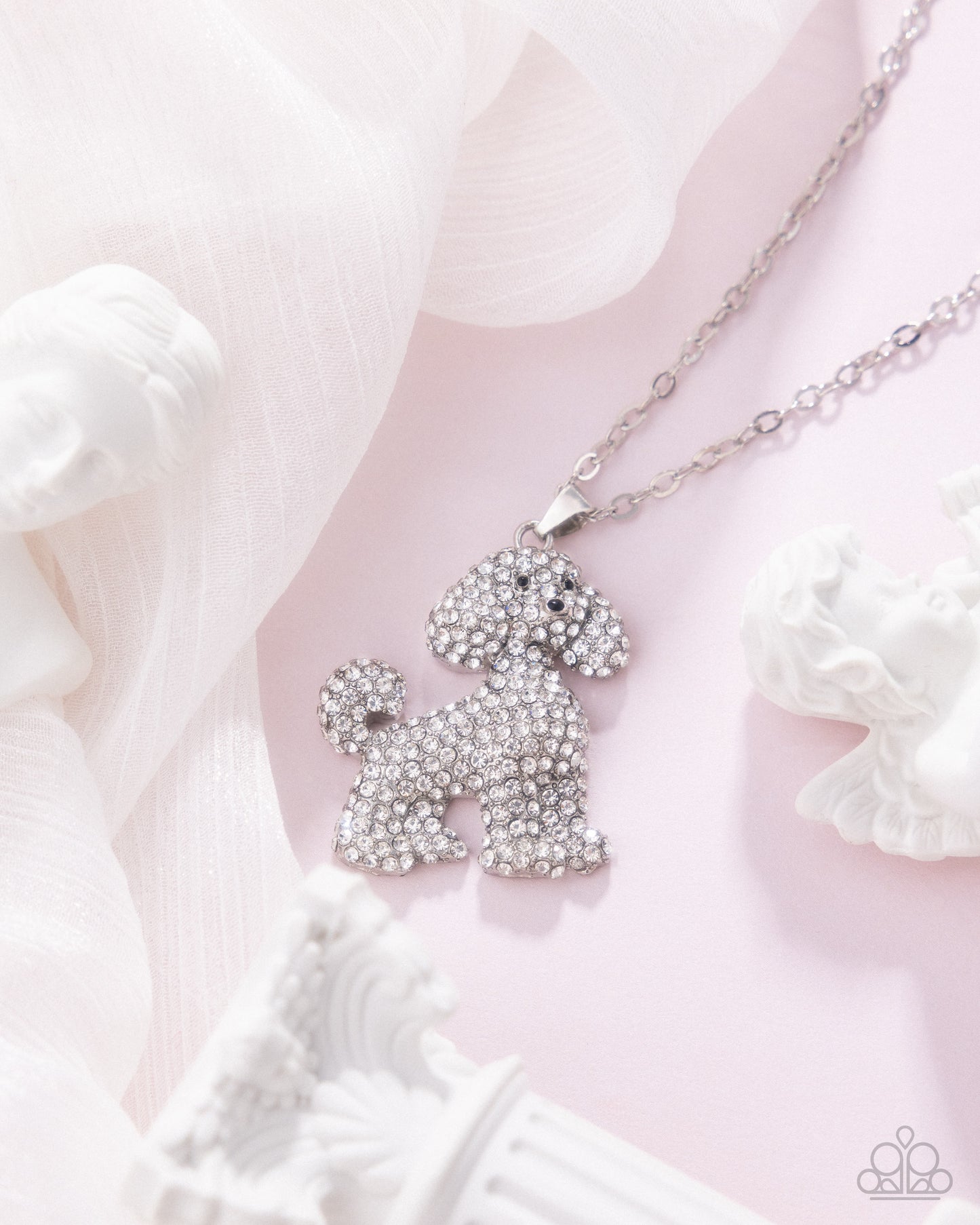 Particular Poodle - White Rhinestone Embellished Silver Poodle Pendant Paparazzi Necklace & matching earrings