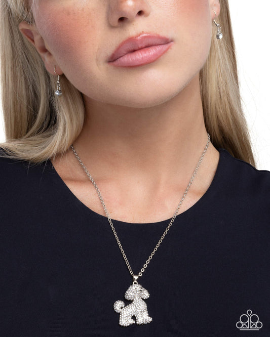 Particular Poodle - White Rhinestone Embellished Silver Poodle Pendant Paparazzi Necklace & matching earrings