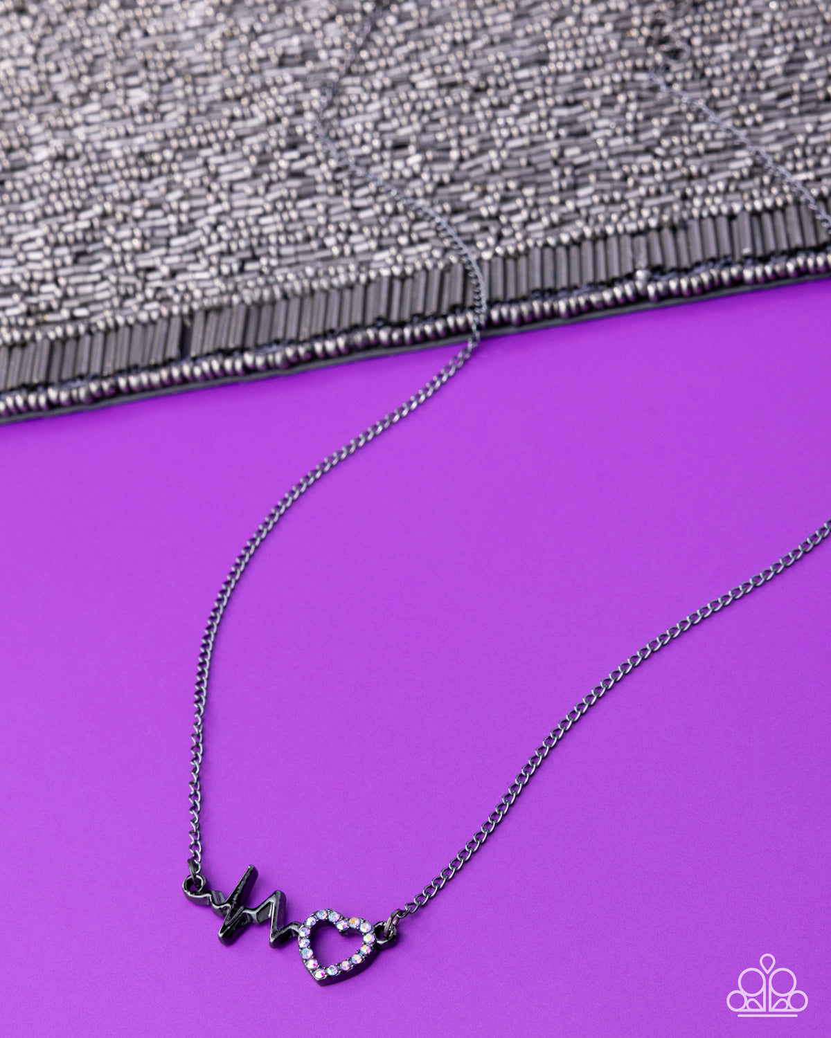 HEARTBEAT Street - Purple Rhinestone Embellished Heart/Gunmetal Wavy Bar Paparazzi Necklace & matching earrings