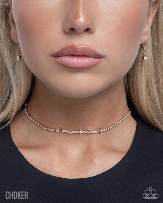 Favorable Faith - Gold "Faith" / White Rhinestone Chain Paparazzi Necklace & matching earrings