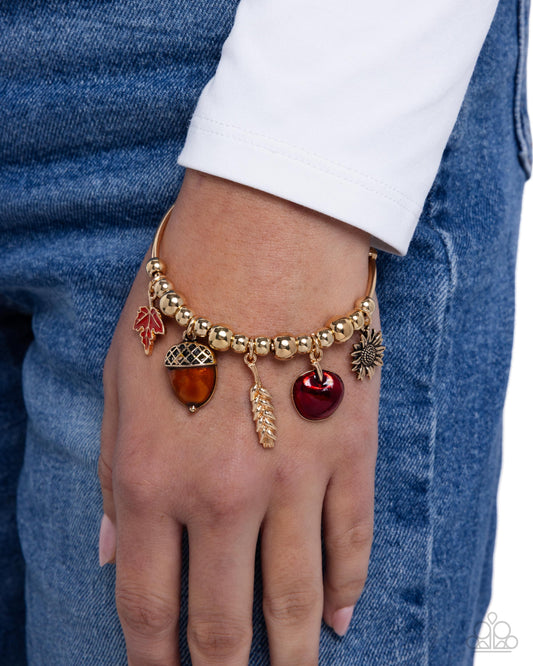 Harvest Habit - Gold Cuff & Thanksgiving Themed Charms Paparazzi Bracelet