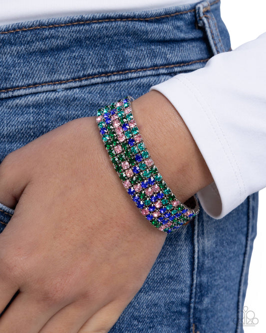 Shimmery Sequence - Green, Pink, & Blue Rhinestone Paparazzi Stretch Bracelet