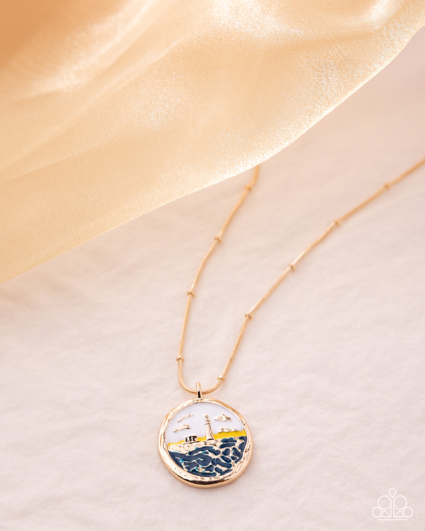 Laid-Back Lighthouse - Gold/Yellow/White/Blue Lighthouse Scene Pendant Paparazzi Necklace & matching earrings