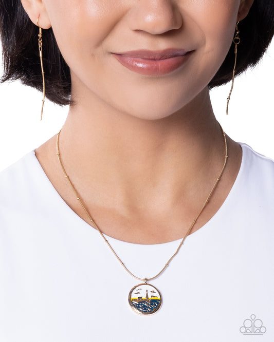 Laid-Back Lighthouse - Gold/Yellow/White/Blue Lighthouse Scene Pendant Paparazzi Necklace & matching earrings