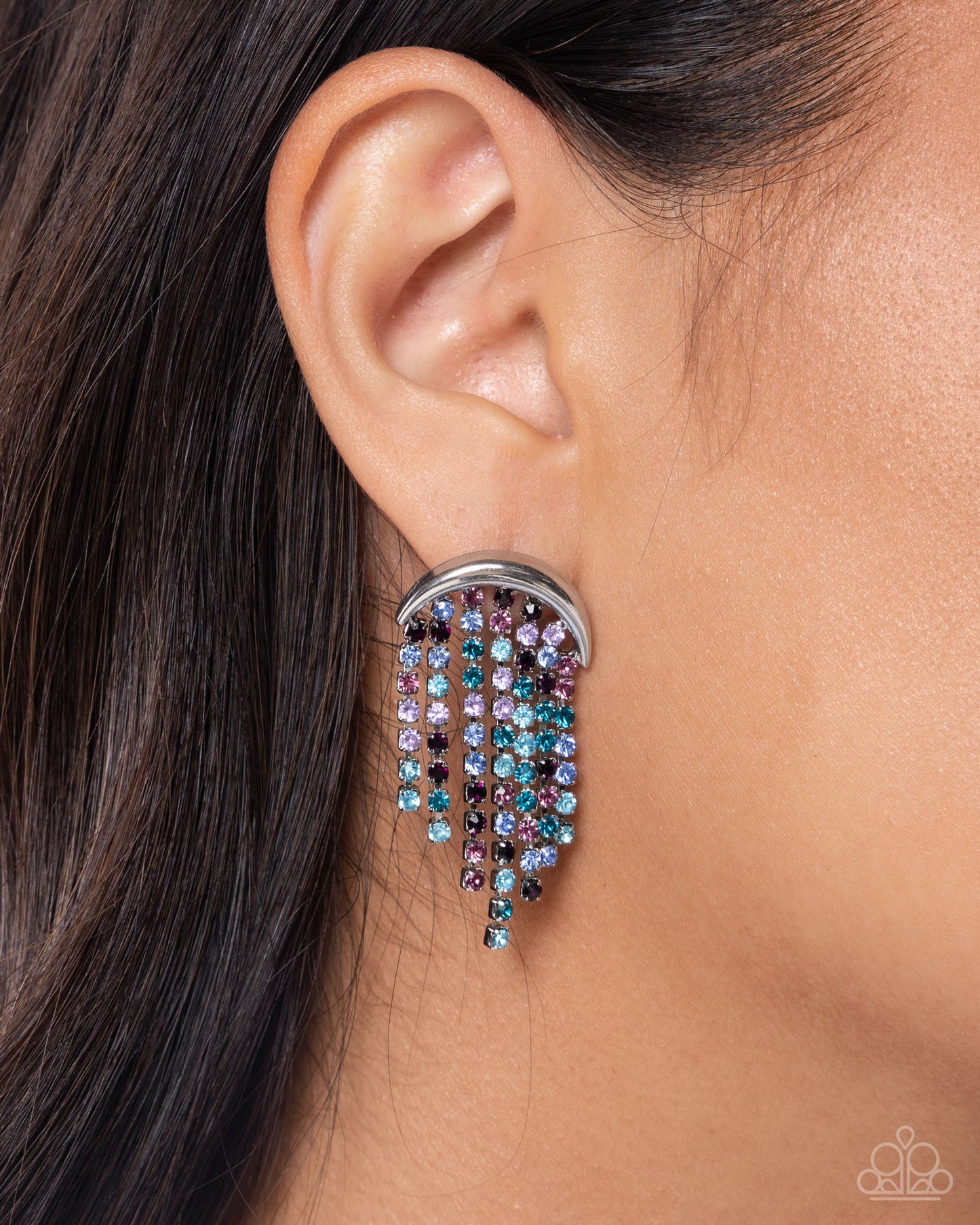 Fractal Fringe - Multicolored Rhinestone Fringe/Silver Crescent Bar Paparazzi Post Earrings