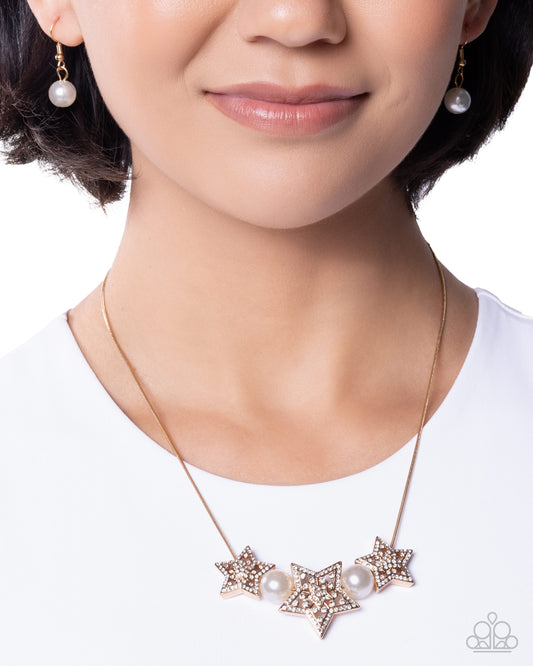 Stellar Scout - Gold/White Rhinestone Stars, White Pearls Paparazzi Necklace & matching earrings