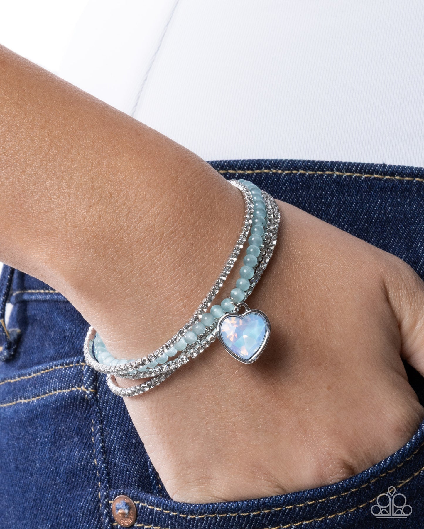 Mass Matchmaking - Blue Cat's Eye Beads/Blue Heart Gem/White Rhinestones Paparazzi Stretch Bracelets