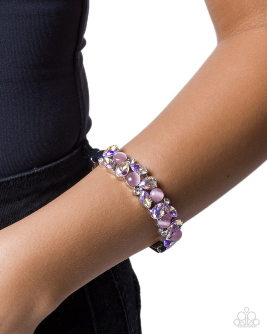 Exclusive Etiquette - Pink Cat's Eye Stones, Pink Gems, White Rhinestone Paparazzi Hinge Bracelet