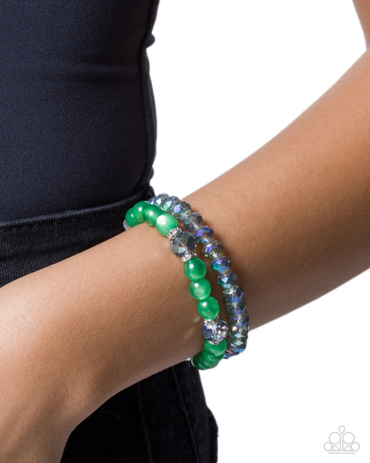 Fashionable Freedom - Green Cat's Eye Stones/White Rhinestones/UV Beaded Paparazzi Stretch Bracelet