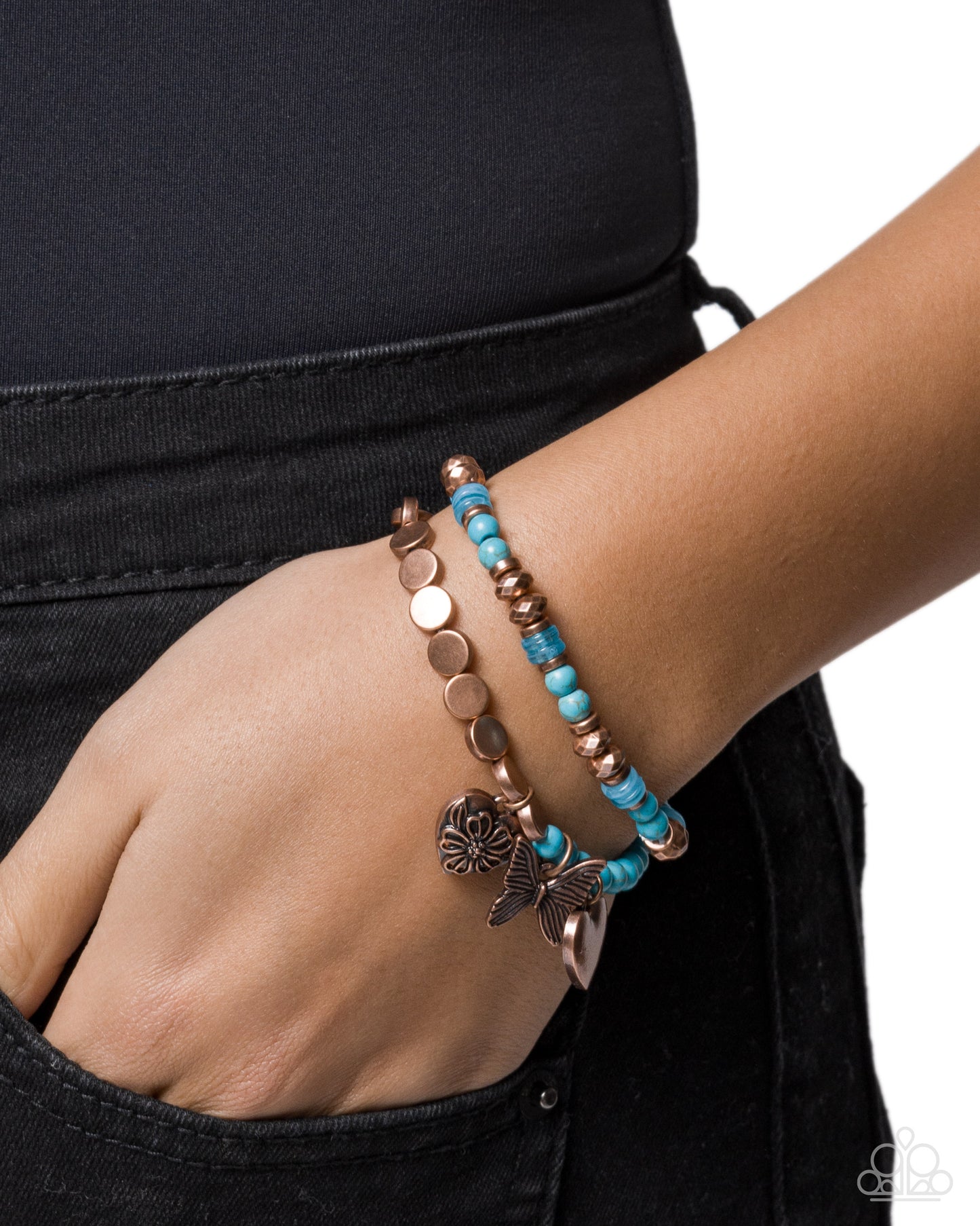 Gliding Greeting - Copper Charms/Copper Beads/ Turquoise Stone Beads Paparazzi Set of 2 Stretch Bracelets