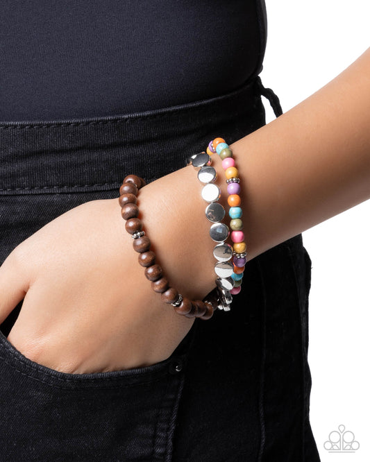 Mesa Moment - Multicolored Stone Beads/Silver Discs/Wooden Beaded Set of 3 Paparazzi Stretch Bracelets