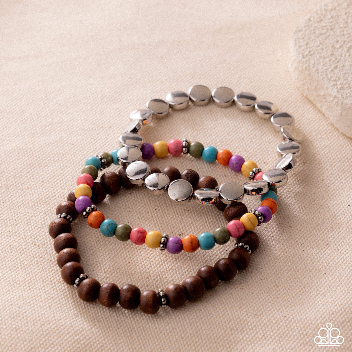 Mesa Moment - Multicolored Stone Beads/Silver Discs/Wooden Beaded Set of 3 Paparazzi Stretch Bracelets