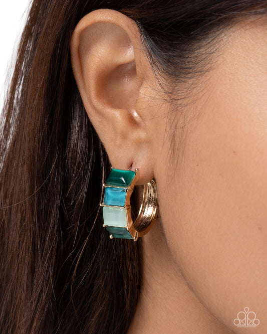 Swoon-Worthy Statement - Green & Blue Cat Eye Stones/Gold Hoop Paparazzi Earrings