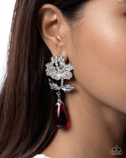 Flourishing Fringe - Red Teardrop Bead/3-D Silver Rose Paparazzi Earrings