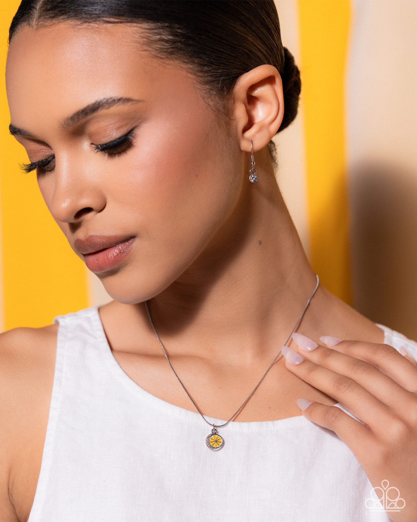 Citrus Chic - Yellow/White Rhinestone Lemon Slice Pendant Paparazzi Necklace & matching earrings