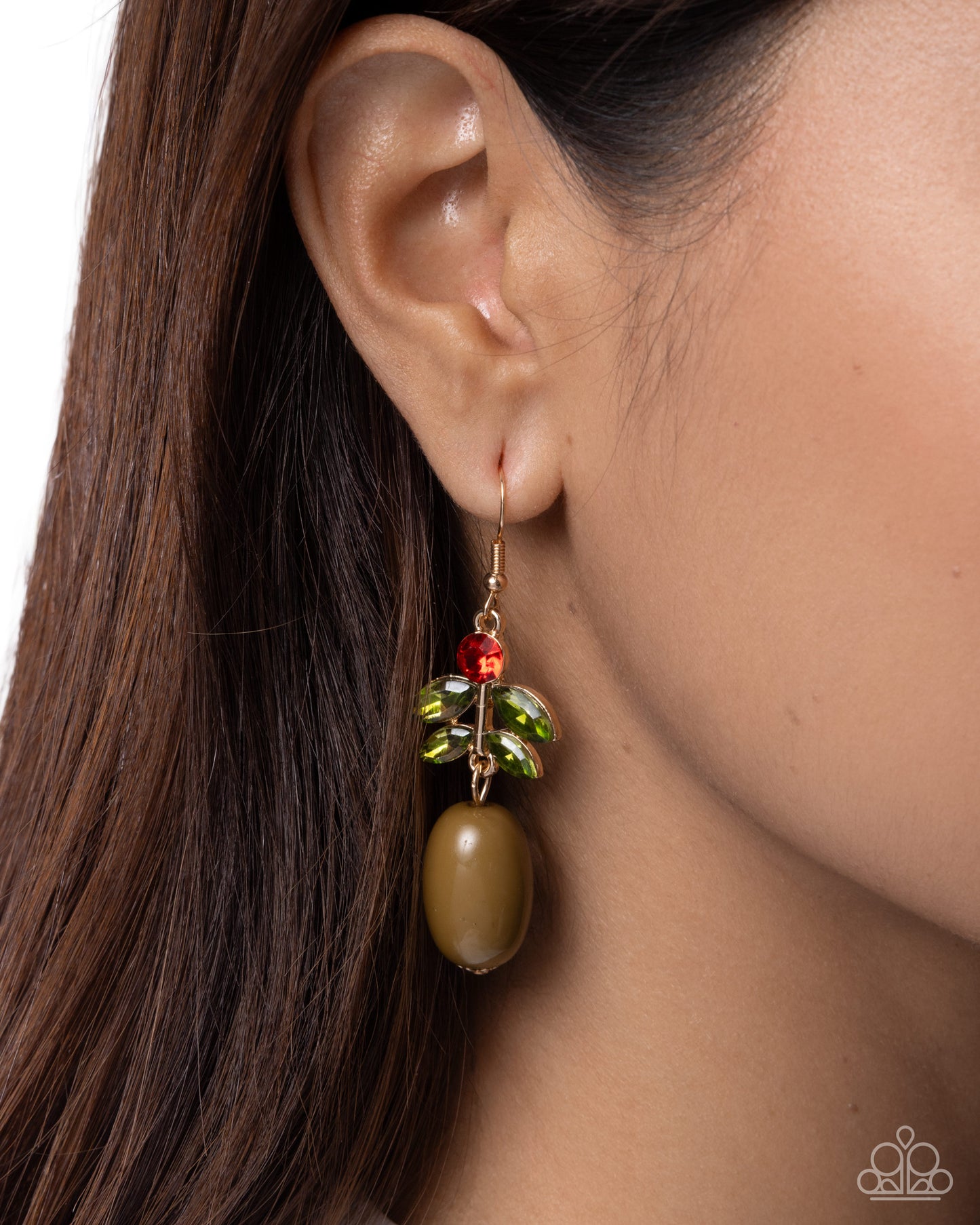 Extending the Olive Branch - Green Olive/Green Gem Leaves Paparazzi Earrings