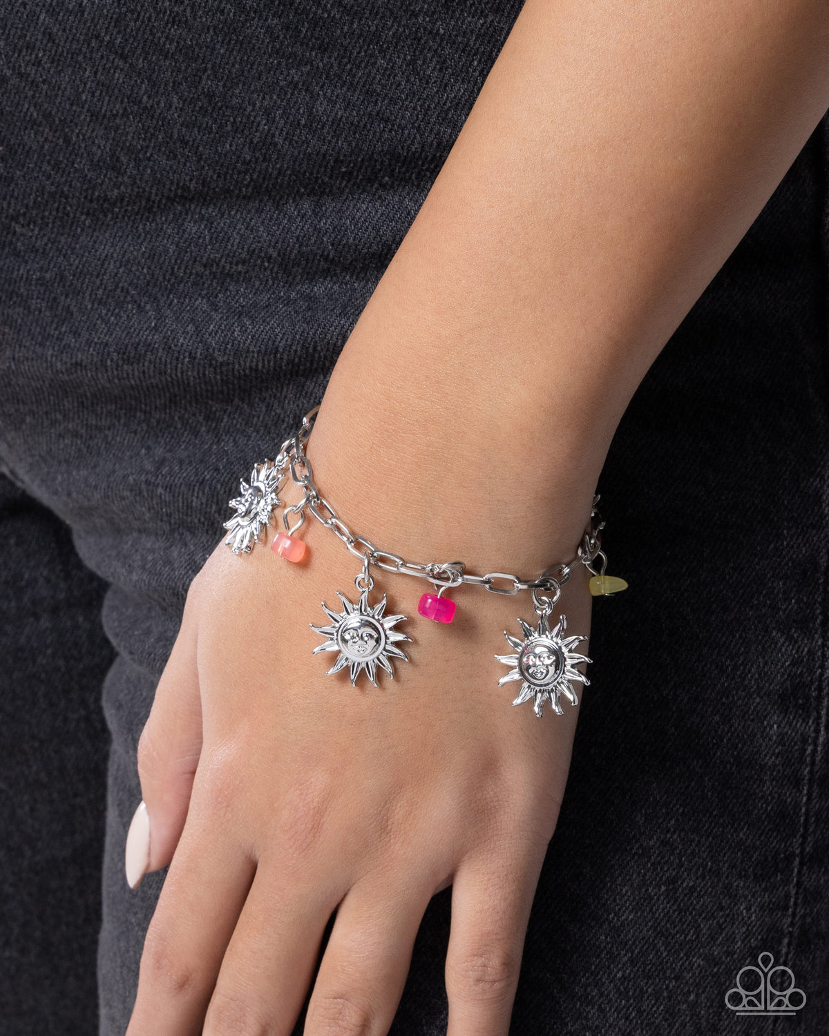 Fair Fashion - Pink/Yellow/Coral Beads, Silver Sun Pendants Paparazzi Tennis Bracelet