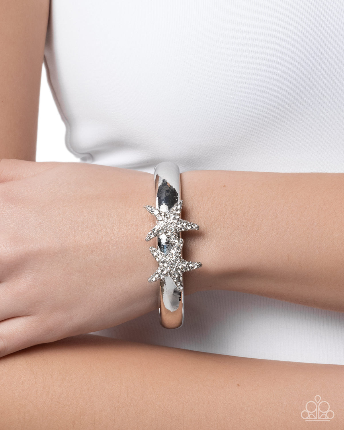 Starfish Symmetry - White Rhinestone Encrusted Silver Starfish Paparazzi Bangle Bracelet