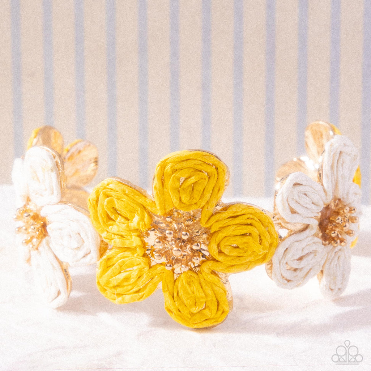 Rustic Raffia - Yellow & Natural Raffia Flowers Paparazzi Cuff Bracelet