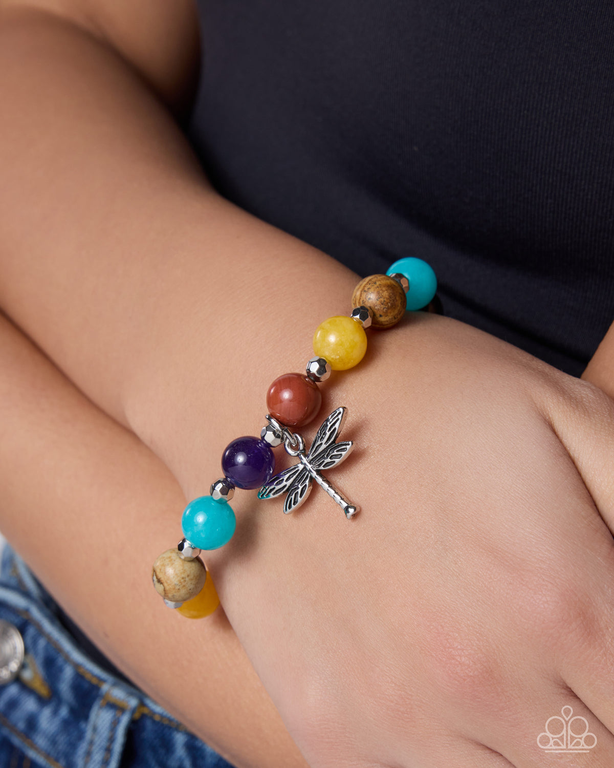 Dragonfly Delay - Multicolored Stones/Silver Dragonfly Pendant Paparazzi Stretch Bracelet