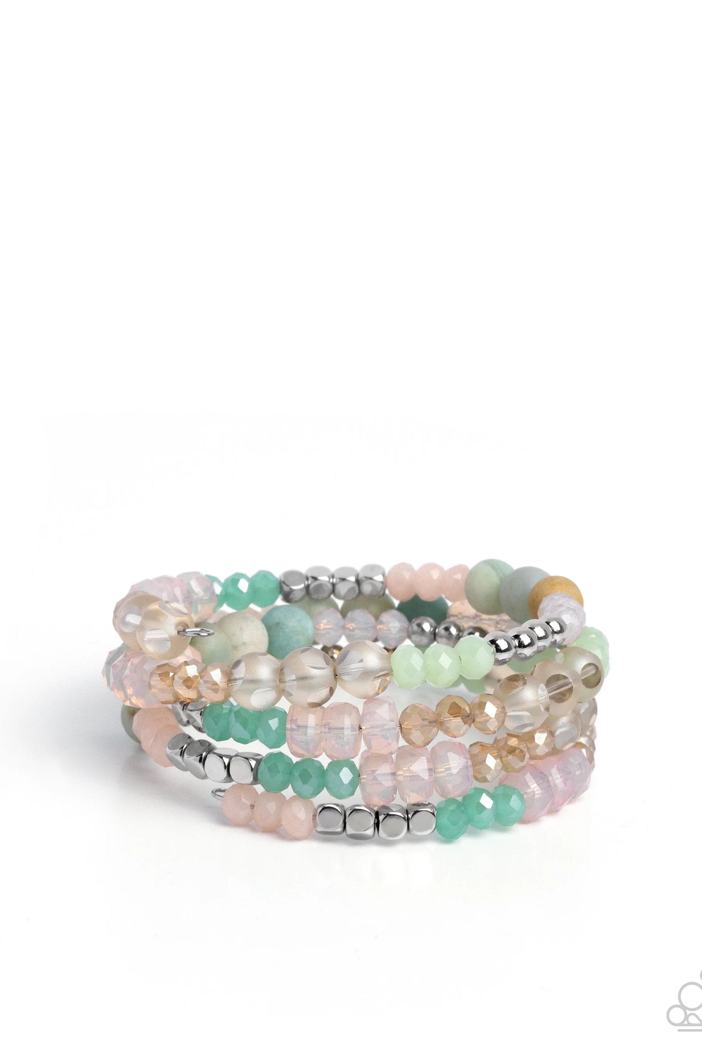 DEFACED DELIGHT - Multi Green and Pink Stone, Silver and Colorful Bead Paparazzi Coil Bracelet