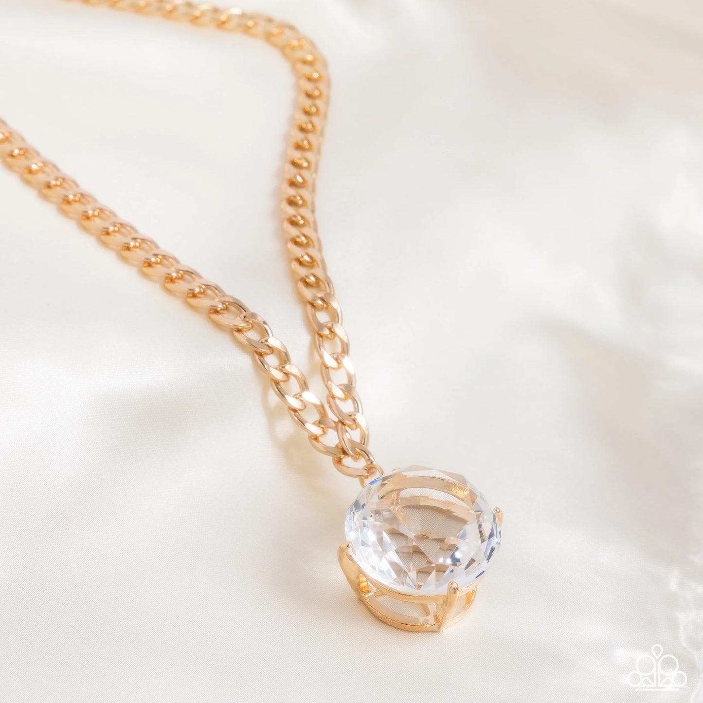 Musings State of Mind - Gold Curb Chain/Very Oversized White Gem Pendant Paparazzi Necklace & matching earrings