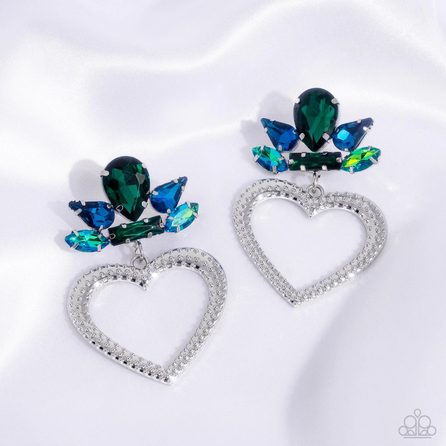Pushing Perfection - Multicolored Rhinestones & Silver Textured Heart Paparazzi Earrings