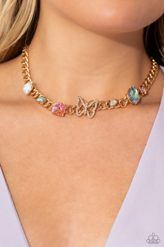 Storybook Succession - Gold Curb Chain/Multicolored Gems/Butterfly Paparazzi Necklace & matching earrings