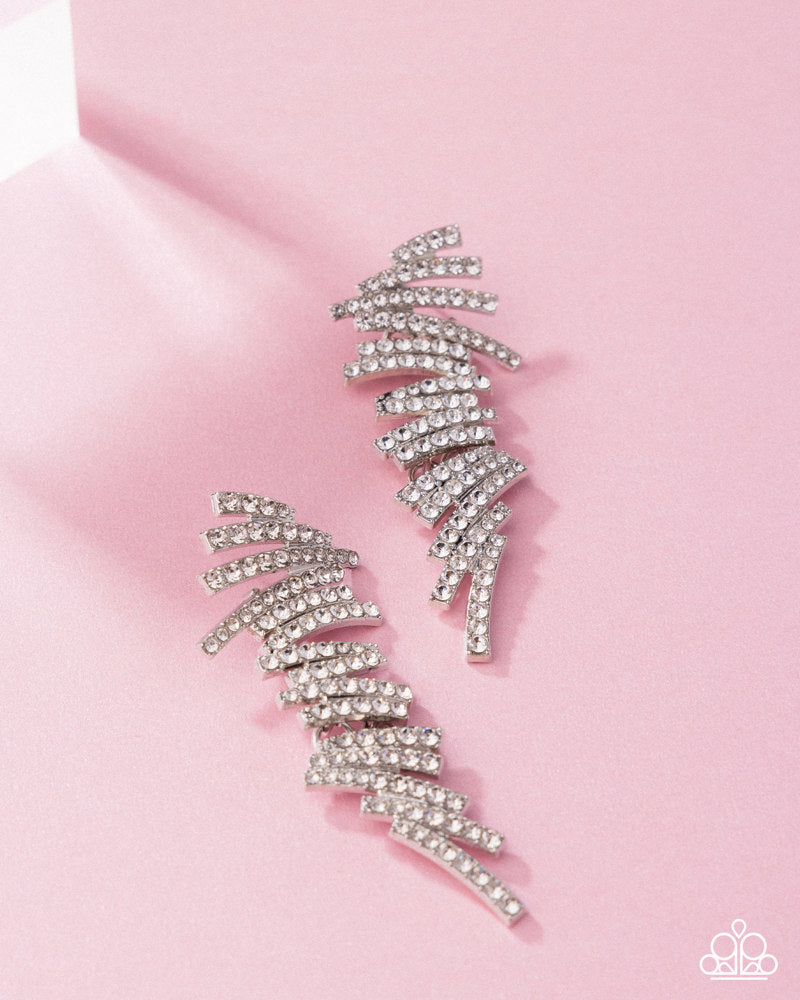 Scattered Surety - White Rhinestone Embellished Silver Bars Paparazzi Earrings