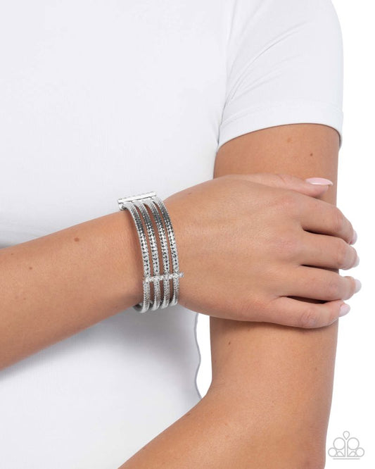 Teeming With Taste - White Rhinestone Fittings/Silver Curved Bars Paparazzi Stretch Bracelet