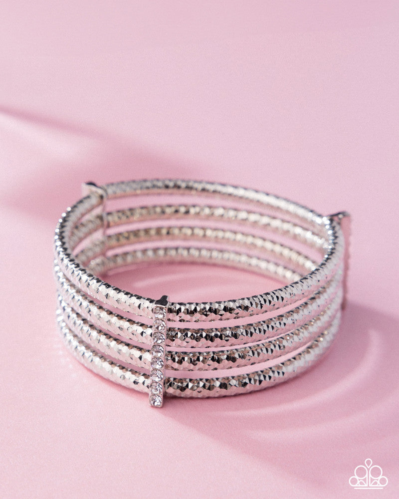 Teeming With Taste - White Rhinestone Fittings/Silver Curved Bars Paparazzi Stretch Bracelet