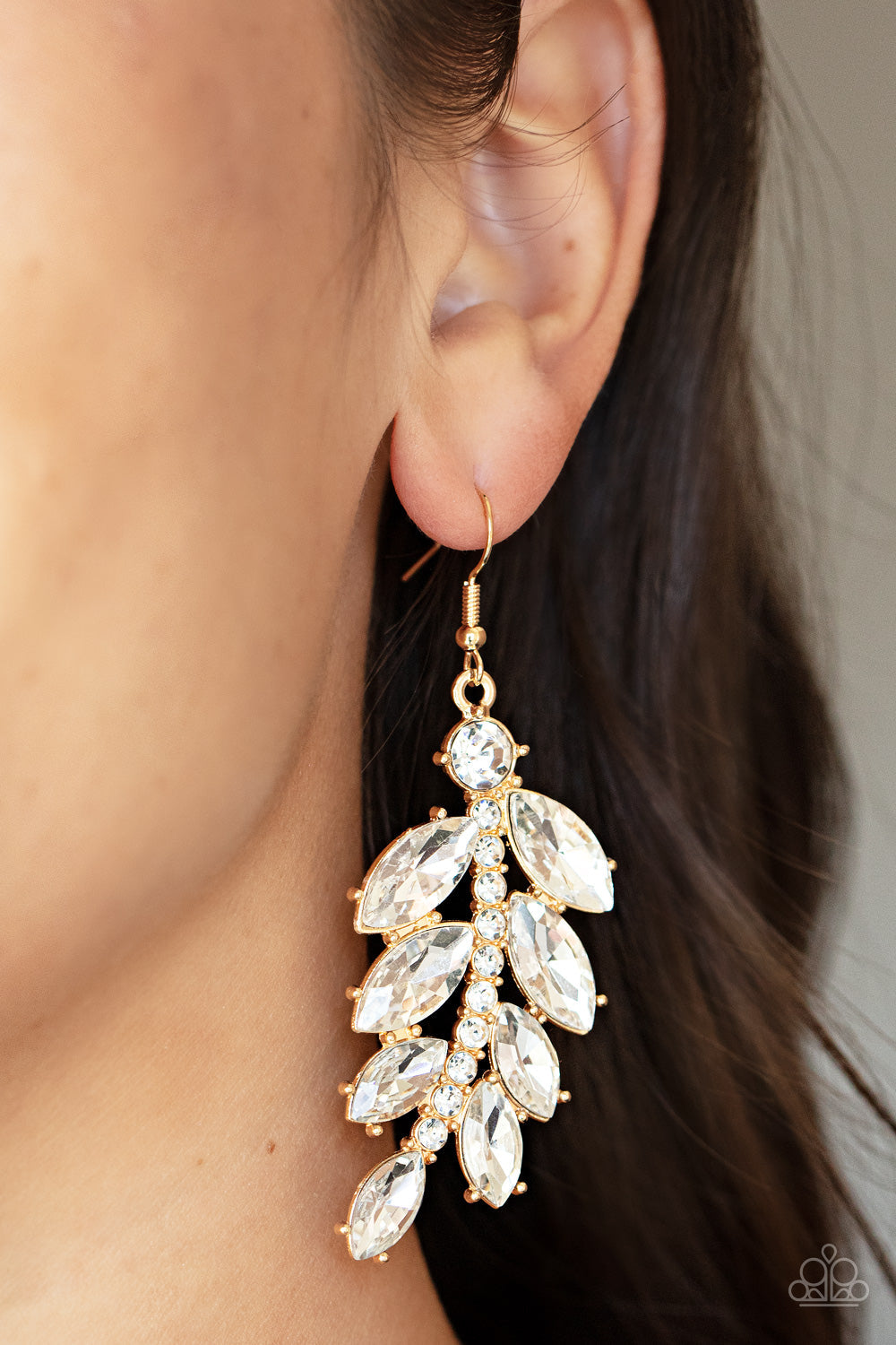Ice Garden Gala - Gold Fitting & Oversized White Marquise Cut White Rhinestone Paparazzi Earrings