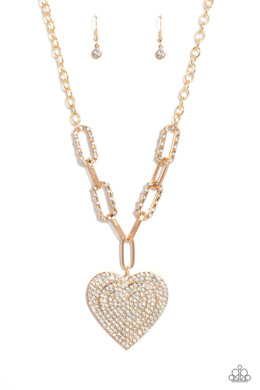 Roadside Romance - Gold Oversized Links/White Rhinestone Encrusted Oversized Gold Heart Paparazzi Necklace