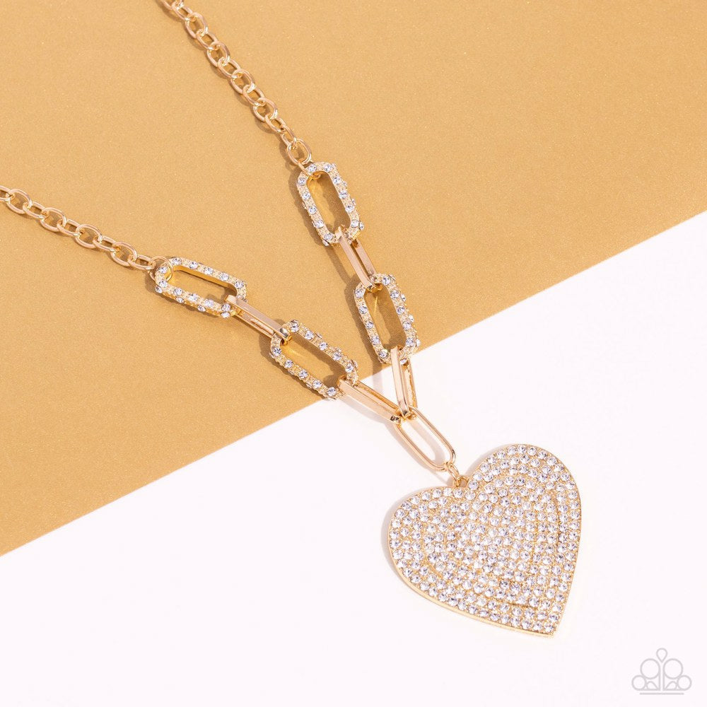 Roadside Romance - Gold Oversized Links/White Rhinestone Encrusted Oversized Gold Heart Paparazzi Necklace