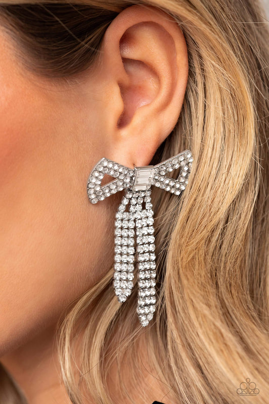 Just BOW With It - White Rhinestone Encrusted Bow Paparazzi Post Earrings