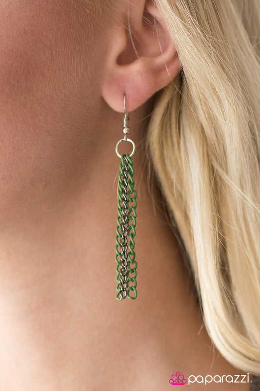 Colorful Calamity - Green Painted Finish Chains Joined with Gunmetal & Silver Chains Necklace & matching earrings