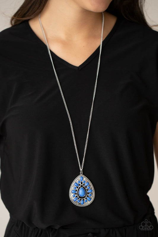Retro Prairies - Blue Round & Teardrop Beaded Embossed Silver Pendant Paparazzi Necklace & matching earrings