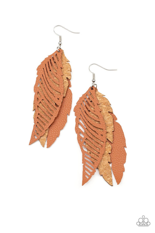 WINGING Off The Hook - Brown Feather Cork & Leather Paparazzi Earrings