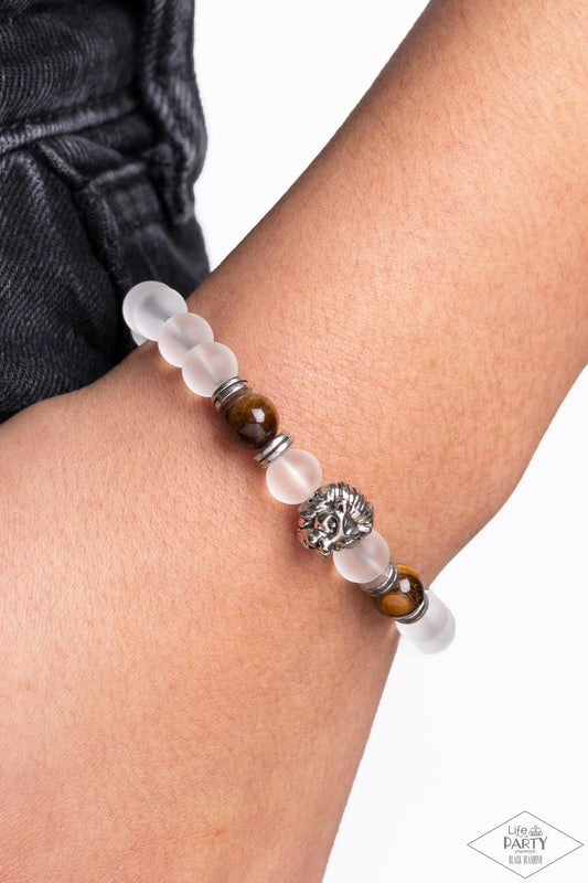 The Lions Share - Brown Tiger's Eye Stone Beads, White Beads, & Silver Lion Charm Paparazzi Stretch Bracelet