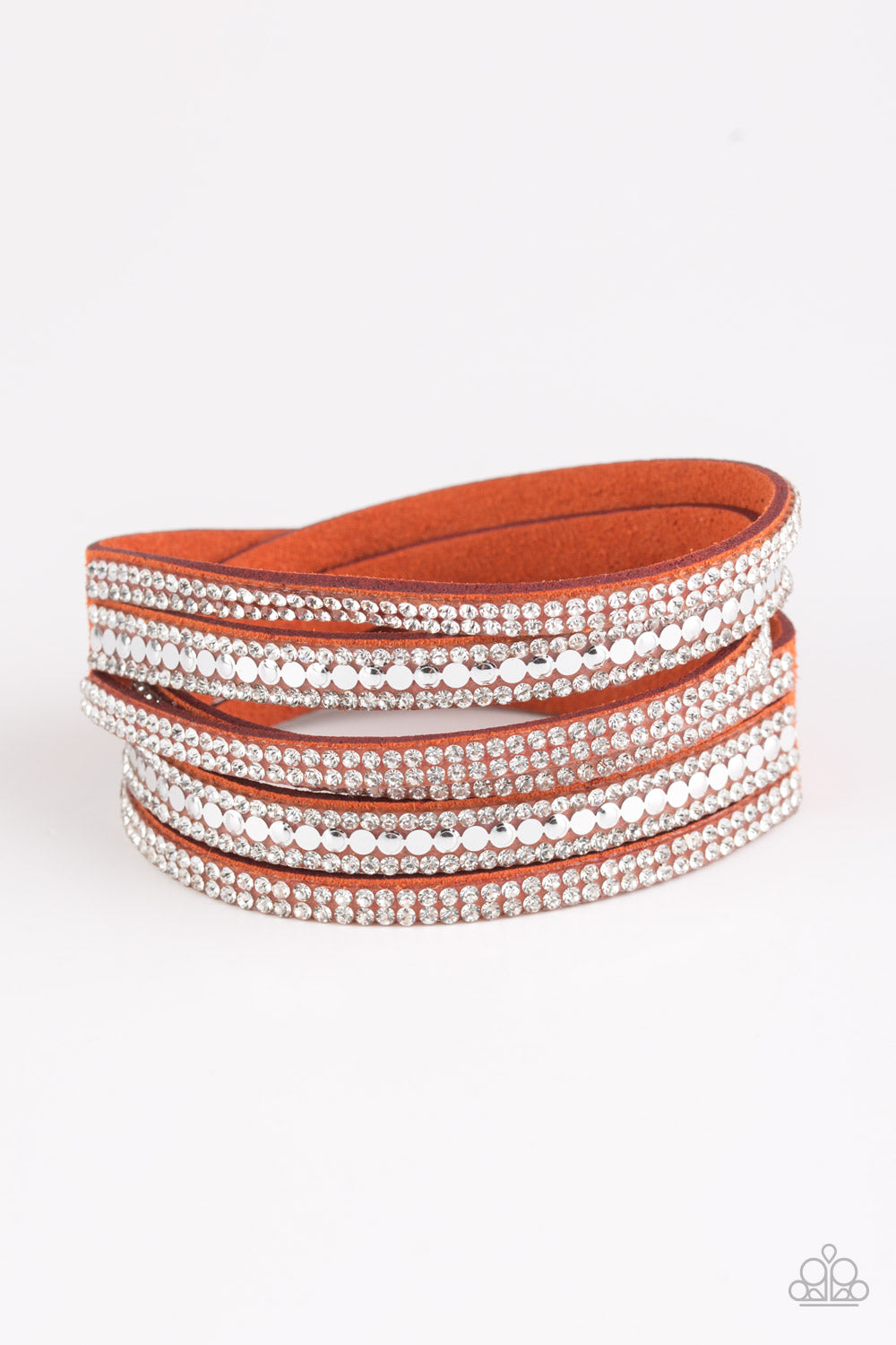 Rock Star Attitude - Orange Suede, White Rhinestones, & Flat Silver Stud Paparazzi Snap Bracelet