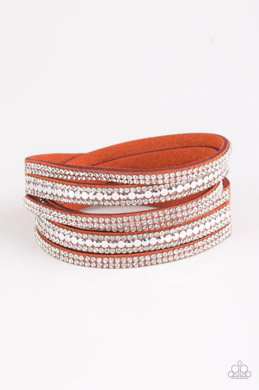 Rock Star Attitude - Orange Suede, White Rhinestones, & Flat Silver Stud Paparazzi Snap Bracelet