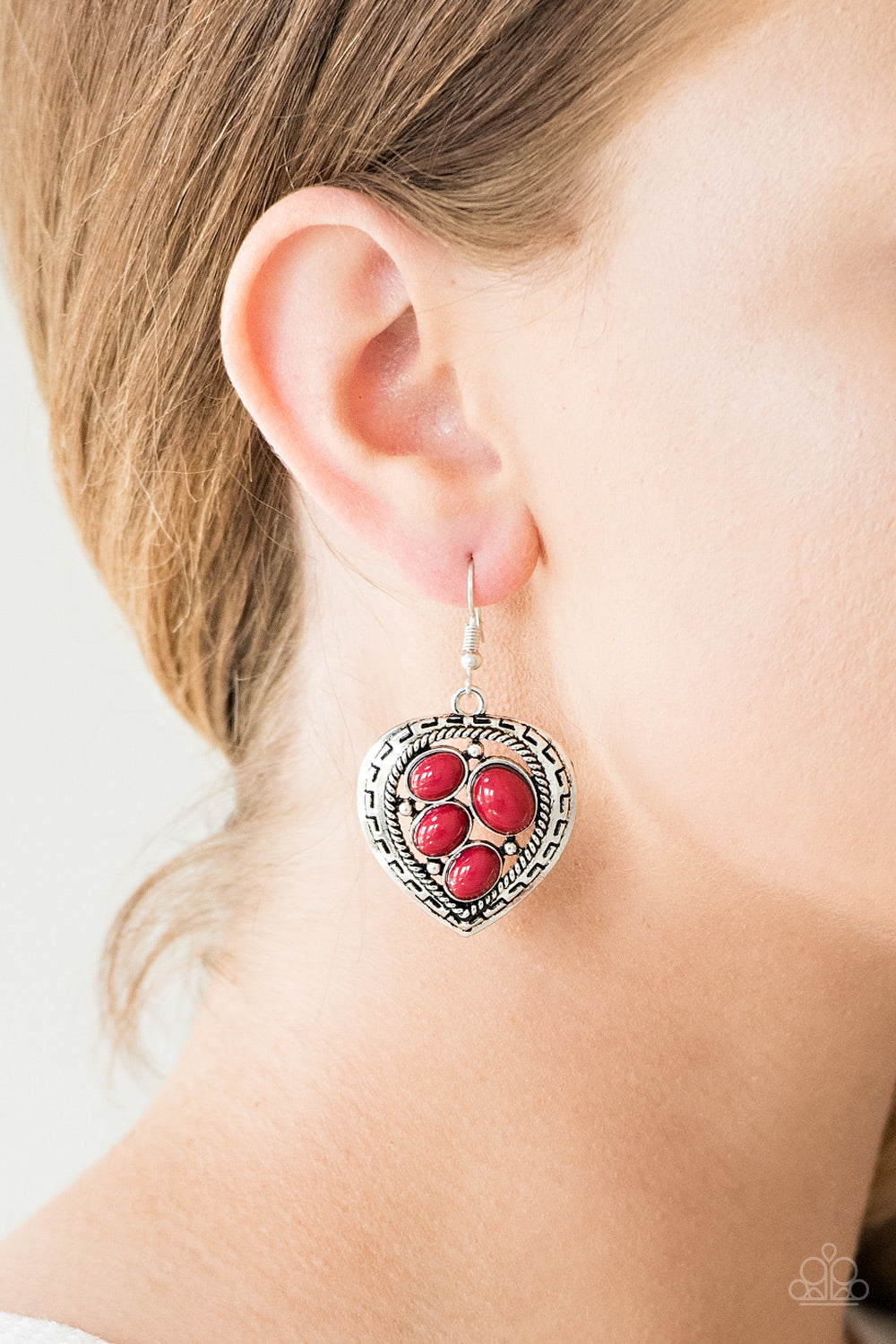 Wild Heart Wonder - Red Beads/Asymmetrical Heart Shaped Frame Earrings