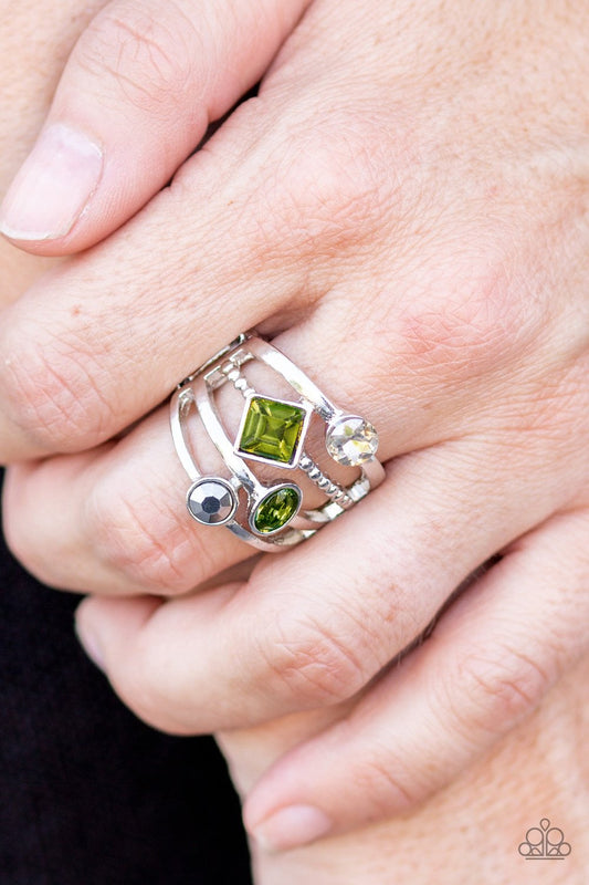 Urban Meditation - Green, White, & Hematite Rhinestone Varying Shapes Paparazzi Ring