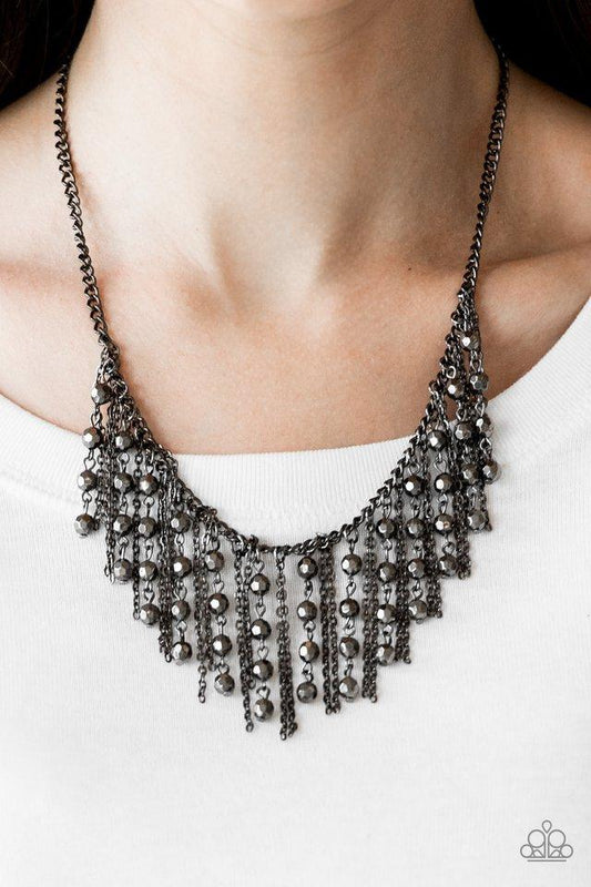 Rebel Remix - Gunmetal Faceted Beads/Gunmetal Chain Edgy Fringe Paparazzi Necklace & matching earrings
