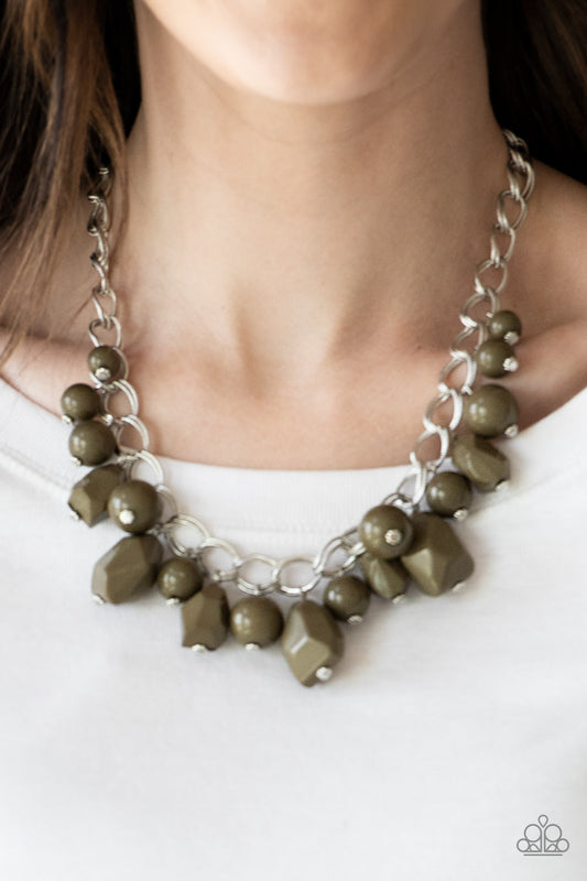 Gorgeously Globetrotter - Green/Martini Olive Smooth & Faceted Beaded Chain Link Necklace & matching earrings