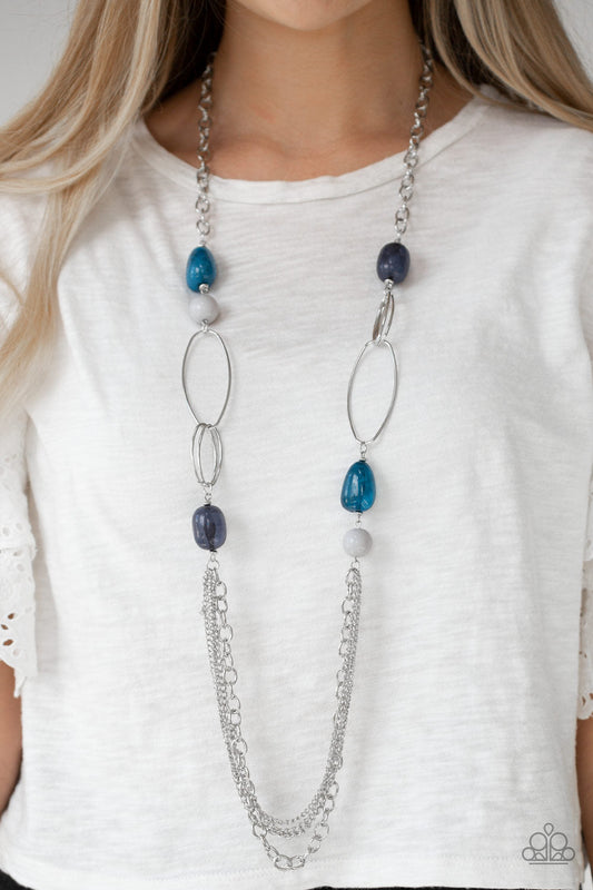 Pleasant Promenade - Multi Gray and Blue Faux Rock Beads/Bold Silver Hoops Necklace & matching earrings