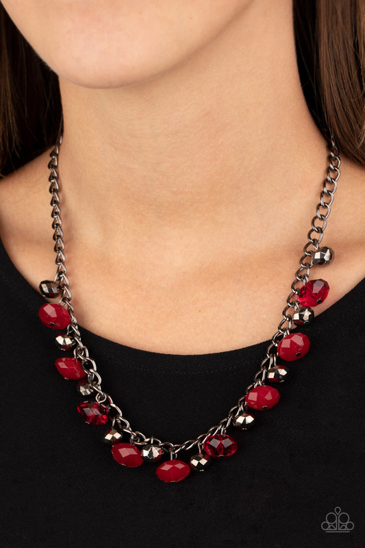 Runway Rebel - Red Faceted Crystal-Like Beaded Gunmetal Chain Necklace & matching earrings