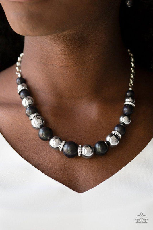 The Ruling Class - Black Faux Stone, Silver Beads, & White Rhinestone Paparazzi necklace & matching earrings