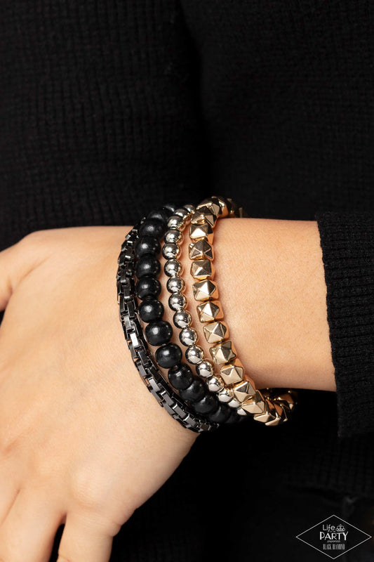 Retro Rocker - Multi Gold, Gunmetal, & Silver Beaded Set of 4 Paparazzi Stretch Bracelets