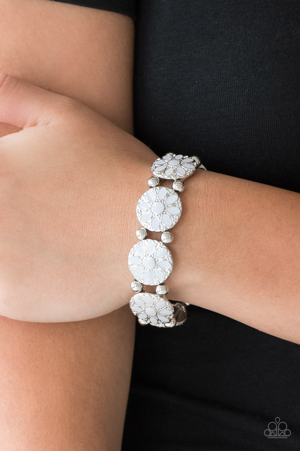 Dancing Dahlias - Silver Floral Frames/Painted Gray Flowers Paparazzi Stretch Bracelet